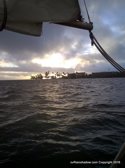 Sunrise over Coconut Island in Hilo Bay, after we make landfall before dawn